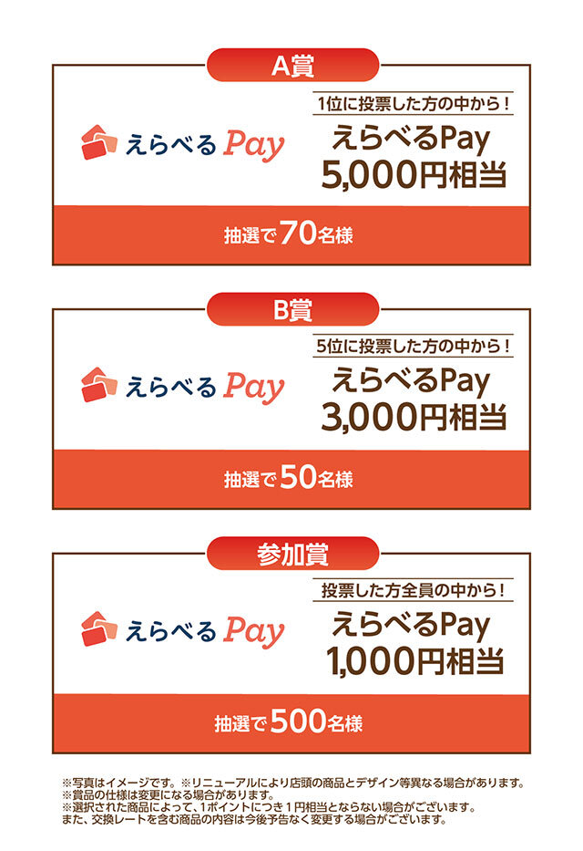 A賞(1位の割り方に投票した方から抽選):えらべるPay5,000円相当 B賞(5位の割り方に投票した方から抽選):えらべるPay3,000円相当 参加賞:えらべるPay1,000円相当