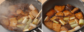 合わせておいた調味料を回し入れ、フライパンを揺すりながらからめる。少し煮詰まって、ぶりの表面に照りが出て、汁けがとろりとしてきたらでき上がり。器に盛り、七味唐辛子少々をふる。
