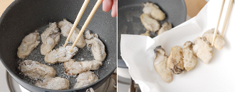 フライパンにサラダ油を強火で熱し、かきを並べ入れる。両面をカリッと焼きつけ、かるく焼き色がついたら取り出す。このとき、ペーパータオルの上にとって油をかるくきると、べたつかずおいしく仕上がる。皿に盛り、もみじおろしをのせて、万能ねぎを散してポン酢醤油をかける。