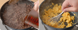 甘辛そぼろを作る。鍋にサラダ油を強火にかける。ひき肉を炒めて、肉の色が変わったらAを加えて混ぜ、煮汁がなくなるまで煮詰める。いり卵を作る。ボウルに卵を溶きほぐし、砂糖を混ぜる。鍋に卵を入れて中火にかけ、泡だて器でこまかく混ぜていり卵を作る。