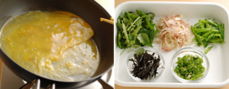 錦糸卵とそのほかの具を用意する。卵は溶きほぐし、フライパンに薄く広がるくらいに流し入れ、端が固まってきたらそっと裏返し、裏面も焼いて取り出す。残りも同様にして数回に分けて焼き、せん切りにして錦糸卵を作る。きぬさやはさっとゆでて水気をきり、斜め細切りにする。みょうがは縦半分に切って斜め薄切りにする。三つ葉は長さ３センチくらいに切る。万能ねぎは小口切りにする。焼きのりはキッチンはさみで長さ３センチくらいの細切りにする。１のすし飯を皿に盛り、上にマグロの漬けを並べる。三つ葉、みょうがをのせ、錦糸卵、のり、万能ねぎを散らす。