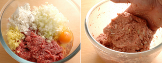 玉ねぎ、しょうがはみじん切りにする。ボウルにひき肉、玉ねぎ、しょうが、卵、小麦粉大さじ３を入れて、粘りが出るまでしっかり練って、肉団子のたねを作る。香菜はざく切りにしておく。