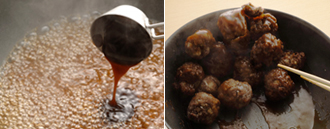 フライパンにAを入れて中火で煮立て、よく混ぜ合わせてたれを作る。揚げた肉団子を加え、フライパンを揺すってたれをよくからめる。全体にからまってとろりとしたら皿に盛り、香菜をのせる。