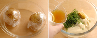 じゃがいもは皮つきのままラップで包み、電子レンジで４～５分加熱し、竹串がスーッと通るくらいまで柔らかくする。ディルソースを作る。Aのディルはこまかくきざみ、湯で顆粒スープの素を溶いておく。ボウルにそのほかの材料を入れ、ディルとスープを加えてよく混ぜ合わせる。