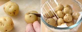 新じゃがはよく洗い、皮つきのままかるく十文字の切り込みを入れる。耐熱のボウルにペーパータオルをしき、新じゃがを入れてラップをかけ、電子レンジ（600W）で4～5分加熱する。ペーパータオルをしいておくと、新じゃがから出た水分を吸い取るので、水っぽくならない。竹串をさしてみて、少し抵抗を感じるくらいの固さでよい。＊電子レンジの加熱時間は目安なので、様子をみて加減する。