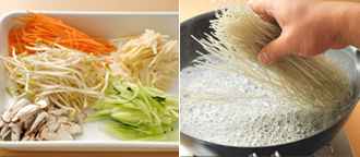牛肉は細切りにする。たけのこは長さ4～5センチのせん切りにする。にんじん、きゅうりは皮をピーラーでむき、長さ4～5センチのせん切りにする。しいたけは軸を取って薄切りにする。春雨は袋の表示を目安に熱湯でゆで、ざるに上げ、さっと洗って水気をきる。小さなボウルにAを混ぜ合わせておく。