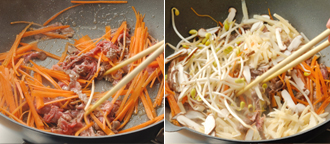 フライパンにごま油を中火で熱し、牛肉を炒める。肉の色が変わってきたら、にんじん、たけのこ、しいたけ、豆もやしの順に加えて塩、こしょうをふり、油がなじむまでしっかりと炒める。