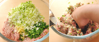 肉だねを作る。鶏ガラスープは湯で溶いておく。白菜、にら、にんにく、しょうがはそれぞれみじん切りにする。ボウルにひき肉とみじん切りした野菜を入れてよく練り混ぜ、鶏ガラスープを加えて、さらに粘りが出るまで練る。