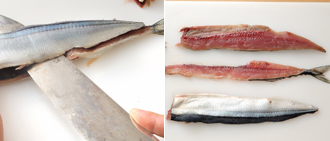 さんまを三枚におろす。さんまは頭を切り落とし、頭の方から腹部まで切り込みを入れて内臓をかき出し、流水できれいに洗う。尾のつけ根から包丁を入れ、包丁を寝かせて中骨に当てながら頭に向かって切り、上側の身を切り離す。ひっくり返して下側の身も同様に切り離し、上側の実、下側の実、中骨のついた部分に切り分ける。※売場でおろしてもらってもよい。