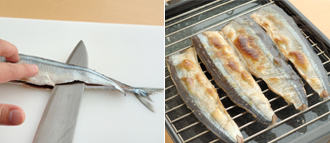 さんまを三枚におろす。さんまは頭を切り落とし、頭の方から腹部まで切り込みを入れて内臓をかき出し、流水できれいに洗う。尾のつけ根から包丁を入れ、包丁を寝かせて中骨に当てながら頭に向かって切り、上側の身を切り離す。裏返して下側の身も同様に切り離し、上側、下側、中骨のついた部分に切り分ける。※売場でおろしてもらってもよい。さんまの切り身4枚（2尾分）に塩をふり、グリルで焼く（残りはかば焼き用）。
