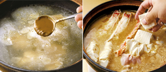 煮立ってきたら、酒、みりんを加え、みそ、練りごまを加えて溶かす。白身魚、ゆでだこ、かにを加え、豆腐を手でおおまかにちぎって加える。白菜、水菜、ねぎも加えて煮る。野菜に火が通ったらでき上がり。器に取り分け、万能ねぎやすりごまなど好みの薬味をかけていただく。