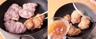 フライパンにオリーブオイル、バターを入れて中火で溶かし、鶏肉に小麦粉をしっかりまぶしつけて並べる。こんがりと焼き色がついたら裏返し、裏にも焼き色がついたらスープを加え、ふたをして3～4分蒸し焼きにする。しめじは石づきを落として小房に分け、耐熱の皿にのせて白ワインをふり、ラップをかけて500Ｗの電子レンジで2分30秒加熱する。