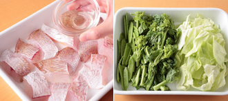 鯛は食べやすい大きさに切ってバットなどに入れる。Aをふってからめ、そのまま5～6分おく。キャベツはざく切りにし、菜の花は根元の硬い部分を切り落として、長さを半分に切る。きぬさやは筋をとる