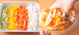 なますを作る。大根、にんじんは皮をむき、セロリは筋を取って、それぞれ長さ3～4センチ、5ミリ角くらいの棒状に切る。パプリカは半分に切ってへたと種を取り、大根やにんじんと同じくらいの大きさに切る。赤唐辛子は小口切りにする。全てをボウルに入れ、塩少々をふって手でよくもみ込む。しんなりしたら水気をよく絞り、すし酢をからめる。