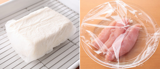 豆腐はペーパータオルで包んで、網の上などにおき、できれば重石として皿を1～2枚乗せる。1時間以上おいてしっかりと水気をきる。鶏ささみは耐熱の皿にのせて酒をふり、ラップをかけて、500Ｗの電子レンジで3分ほど加熱する。粗熱がとれたら、手で細かくさく。小さな器にAの材料を混ぜておく。