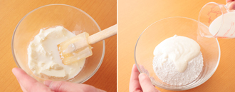 続いてホワイト白玉を作る。ボウルに白玉粉を入れておく。耐熱の容器にクリームチーズを入れ、分量の牛乳のうち大さじ1/2を加えてラップをかけ、電子レンジ（500W）で30～40秒加熱する。クリームチーズが柔らかくなったらよく溶き混ぜ、白玉粉のボウルに加える。残りの牛乳を少しずつ加えながらこねて、耳たぶくらいの固さになるまで練る。ピンク白玉同様、生地のまとまり具合に合わせて、牛乳の量は加減して。