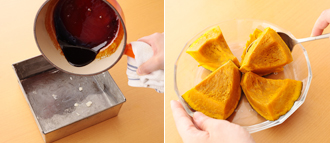 型の内側にバター（分量外）を塗っておく。カラメルソースを作る。小鍋にグラニュー糖を入れて強めの中火にかけ、グラニュー糖を溶かす。溶けたら静かにゆすり、湯気がたってきて、こげ茶色に焦げてくるまで温める。全体に焦げ色がついてきたら水を加え（ジュッとはねるので注意して）、手早く混ぜる。型に流し入れ、傾けて底全体に広げる。かぼちゃは種とわたを取って4等分くらいに切る。耐熱の皿にのせてラップを掛け、電子レンジ（500W）で5～6分加熱する (竹串がスーッと通るくらいになればOK)。粗熱がとれたらスプーンなどですくって、実をこそげ取る。