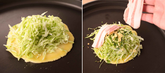 生地の材料を混ぜる。キャベツはせん切りにする。ホットプレートを温め、サラダ油をしいたら、生地の1/2量を薄く広げて焼き、キャベツの1/2量をのせる。揚げ玉をのせ、豚肉の1/2量を広げてのせる。ひっくり返して端に寄せる。