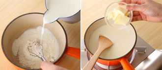 ホワイトソースを作る。鍋に小麦粉を入れ、牛乳を少しずつ加えて泡立て器で混ぜる。しっかり混ざったら強めの中火にかけ、とろみがつくまでときどき混ぜながら5～6分煮る。バター、塩、こしょう、ナツメグを加えて混ぜ、とろりとしたら火を止める。