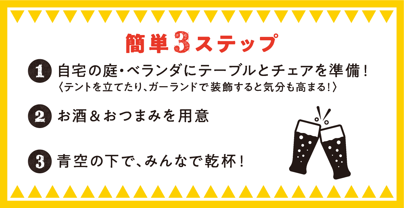 簡単3ステップ　1、自宅の庭・ベランダにテーブルとチェアを準備！〈テントを立てたり、ガーランドで装飾すると気分も高まる！〉 2、お酒＆おつまみを用意 3、青空の下で、みんなで乾杯！