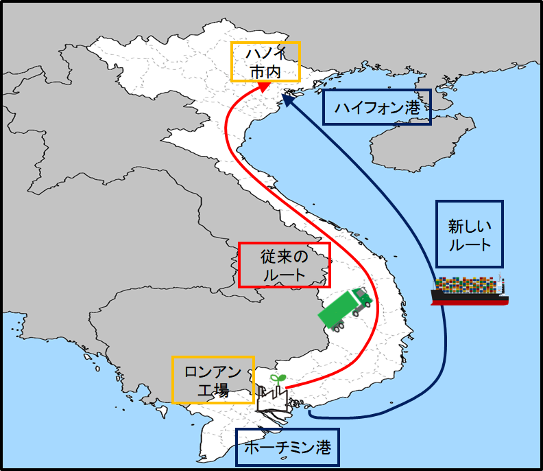 図 赤矢印:従来陸路ルート 青矢印:新規海路ルート