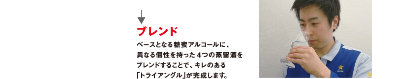 ブレンド ベースとなる糖蜜アルコールに、異なる個性を持った4つの蒸留酒をブレンドすることで、キレのある「トライアングル」が完成します。