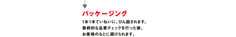 パッケージング 1本1本ていねいに、びん詰されます。最終的な品質チェックを行った後、お客様のもとに届けられます。