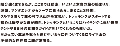 随分遠くまできたが、ここまでは助走。いよいよ本当の旅の始まりだ。翌朝、サンタエレナからジープに乗り込み、走ること3時間。クルマを降りて麓の村で入山料を支払い、トレッキングがスタートする。初めは緩やかな道が続き、トレッキングというよりはハイキングに近い感覚。テントや6日分の食糧をガイドが担いでくれるのも救いだ。だだっ広草原を黙々と進む中、徐々に近づいてくるロライマ山の圧倒的な存在感に胸が高鳴る。