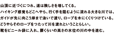 山頂に近づくにつれ、道は険しさを増してくる。ハイキング感覚もどこへやら、行く手を阻むように流れる大きな川では、ガイドが先に向こう岸まで泳いで渡り、ロープを木にくくりつけている。どうやらそのロープをつたって川を渡れということらしい。靴をビニール袋に入れ、腰くらいの高さの水位の川の中を進む。
