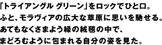 「トライアングルグリーン」をロックでひと口。ふと、モラヴィアの広大な草原に思いを馳せる。あてもなくさまよう緑の絨毯の中で、まどろむように包まれる自分の姿を見た。
